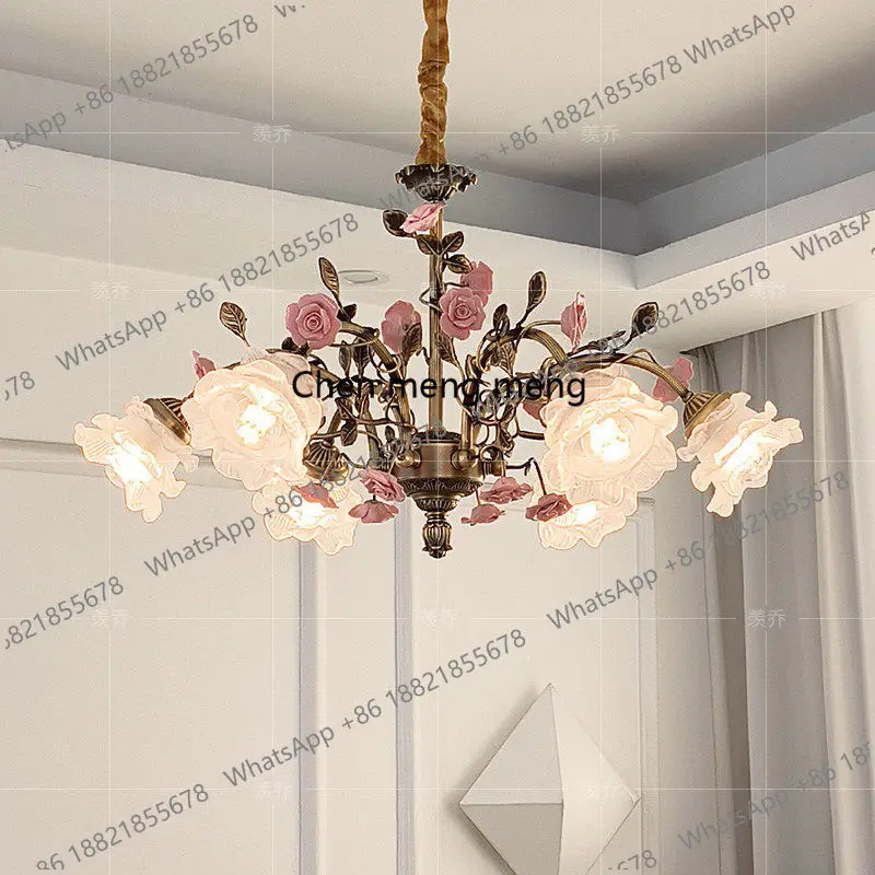 

French full copper chandelier retro living room bedroom rose flower romantic pastoral dining room chandelier