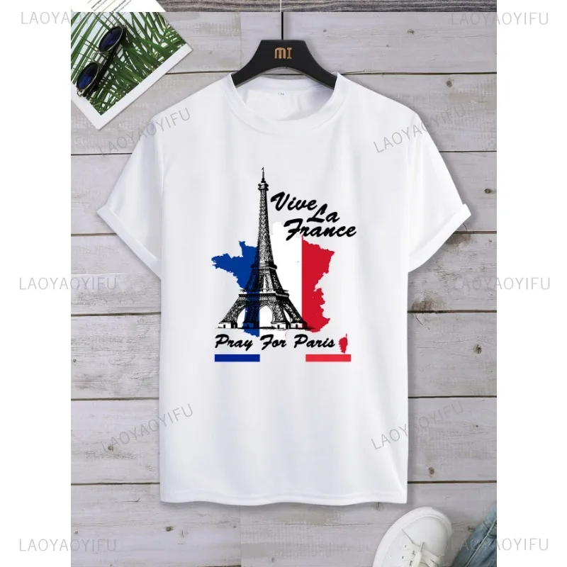 Casual French Landmark Tower Printed T-shirt Top Summershort Sleeve O-neck Classic Fashion  Unisex Street 