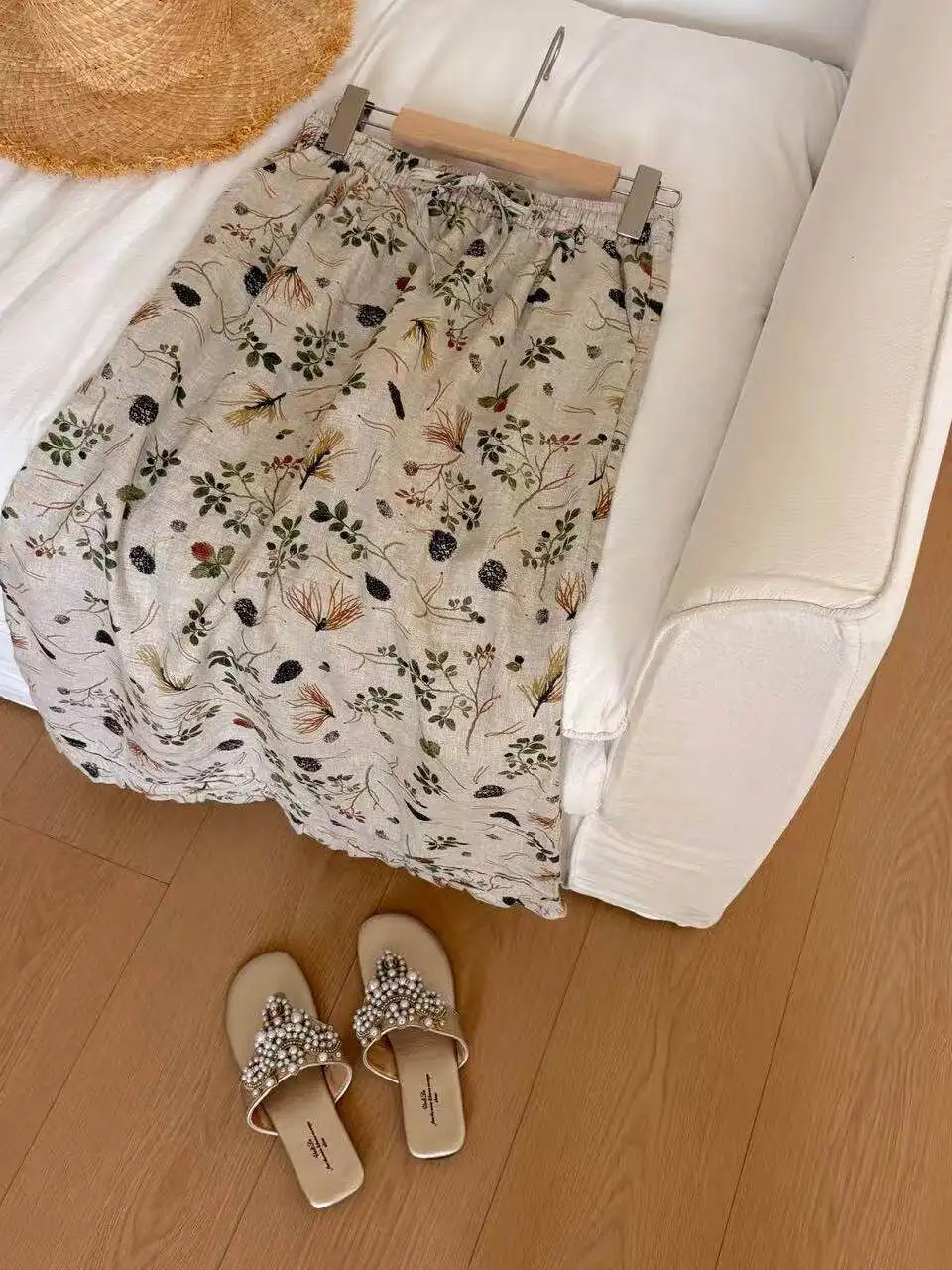 Retro Floral Cotton Linen Half Skirt Women's Summer Fashionable Versatile Elastic Waist Slimming Belted A-Line Skirt