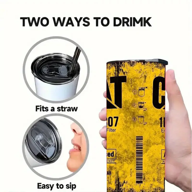 فلتر زيت المحرك المعزول من الفولاذ المقاوم للصدأ سعة 20 أونصة، أصفر مزدوج الجدار مع القش والغطاء، كوب سيارة للمشروبات الساخنة الباردة