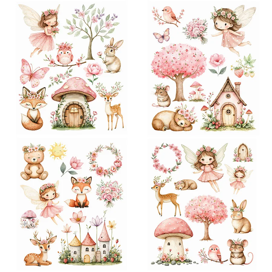 4pcs Magical Pink Garden Fairies DIY UV DTF Rub On Transfer Stickers Crafts Glass Mug Cup Wraps Junk Journal Scrapbooking Decor