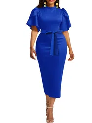 2023 abiti estivi per le donne girocollo Lace Up Ruffle Sleeve abito da lavoro Vestidos De Mujer Casual elegante Midi Robe femminile