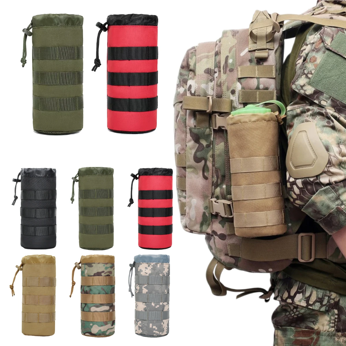 EDC-Tasche Molle Wasserflaschentasche Outdoor Camo Jagd Camping Wandern Kordelzughalter Multifunktions-Flaschenaufbewahrungstasche