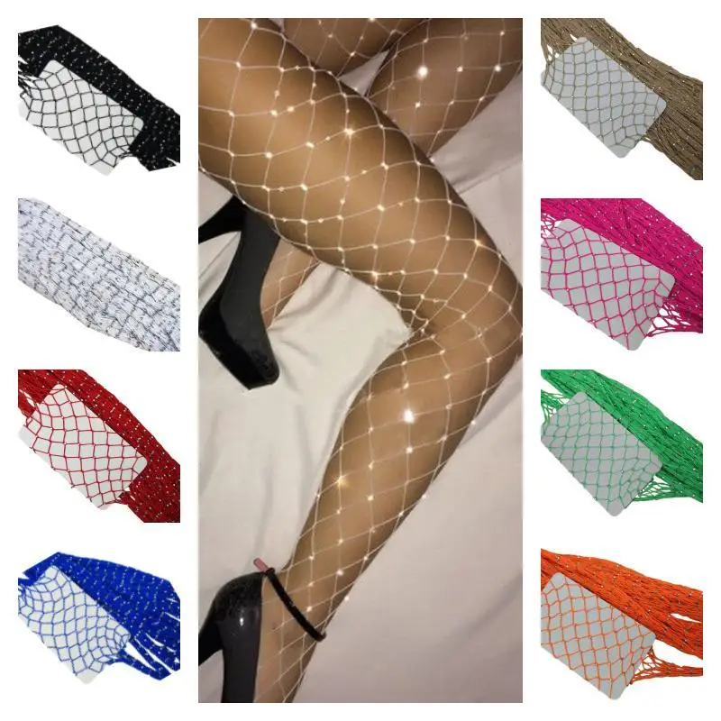 Summer Women Large Mesh Sparkle Fishnet Big Mesh Colored Tights Bling Silver Rhinestone Fishnet Leggings Glitter Dance Pantyhose