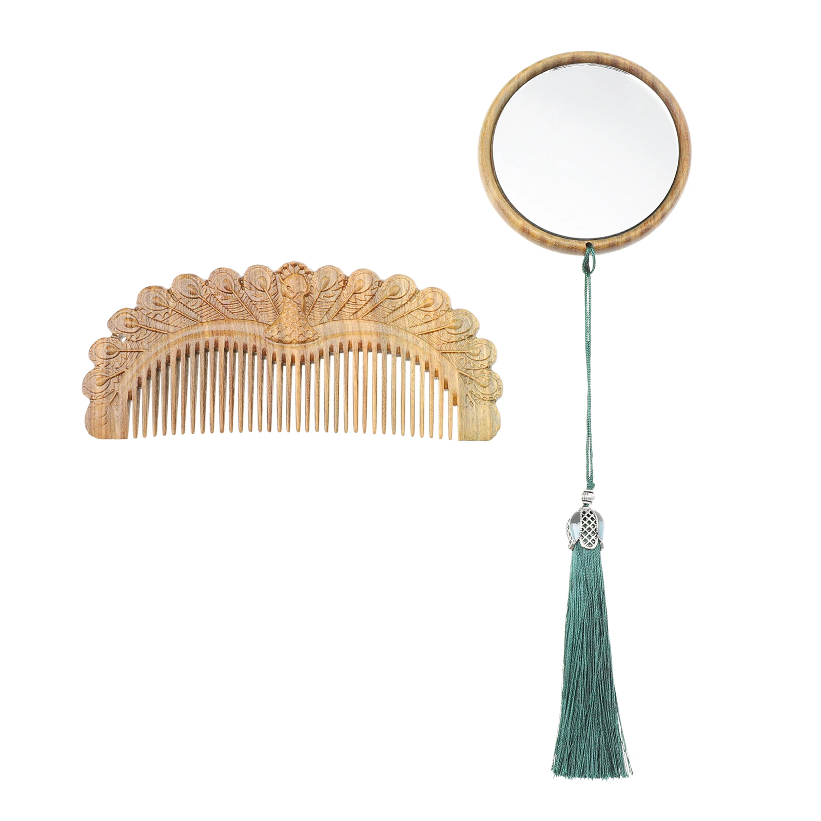 

Carved Comb Round Mirror Set Handheld Vintage Style Makeup Kit Chinese Wood Retro Design Practical Gift for Women
