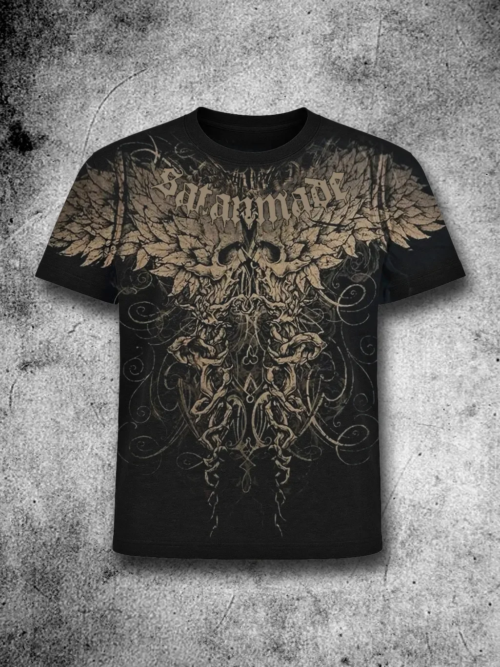 Retro Heavy Metal Gothic Style Skull and Decorative Wing Print Suitable As An Alternative T-shirt for Concerts and Dark Outfits