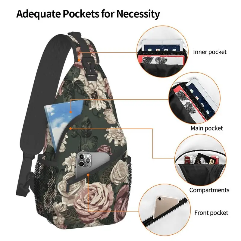 Vintage rosas delicadas padrão Sling peito saco personalizado flor Floral ombro Crossbody mochila para homens viagens caminhadas Daypack