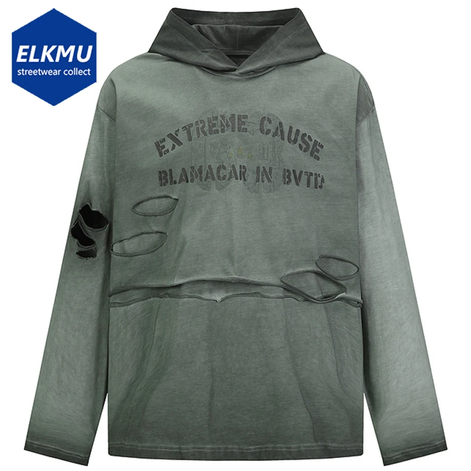 

Vintage Ripped Oversized T Shirts Long Sleeve Hooded Tshirts Tee Tops Men Streetwear Harajuku Hip Hop T-shirts