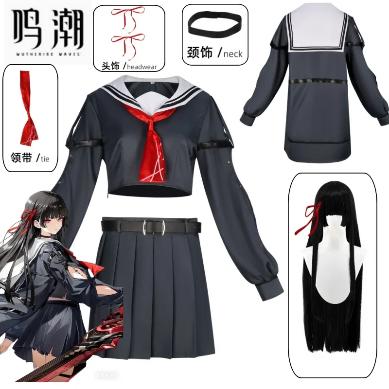 

Chisa Cosplay Costume Game Wuthering Waves JK Uniform Black Coat Skirt Headress Full Set Wig Props Halloween Party Roleplay Suit