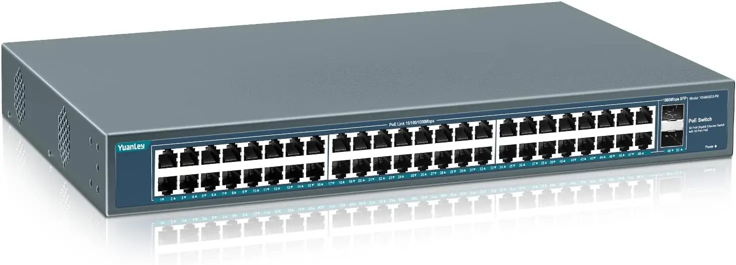 48 Port Gigabit PoE Switch Unmanaged with 2 1000Mbps SFP Uplink, 50 Port 802.3af/at 800W High Power PoE+ Network Switch