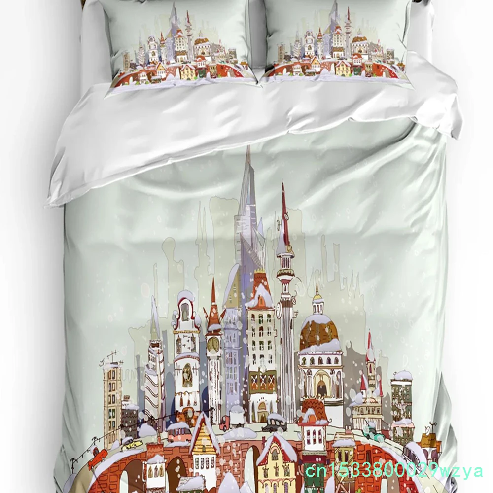Christmas City Houses Building Castle Bedding Set 3pcs Duvet Cover Pillowcase Kids Adult Quilt Cover Double Bed Set Home Textile