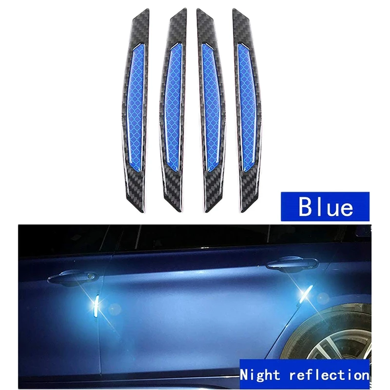 4Pcs Super Blue Reflective Stickers Black Carbon Fiber Strips Car Side Door Edge Bumper Anti-Scratch Protection Guards Trim Stic