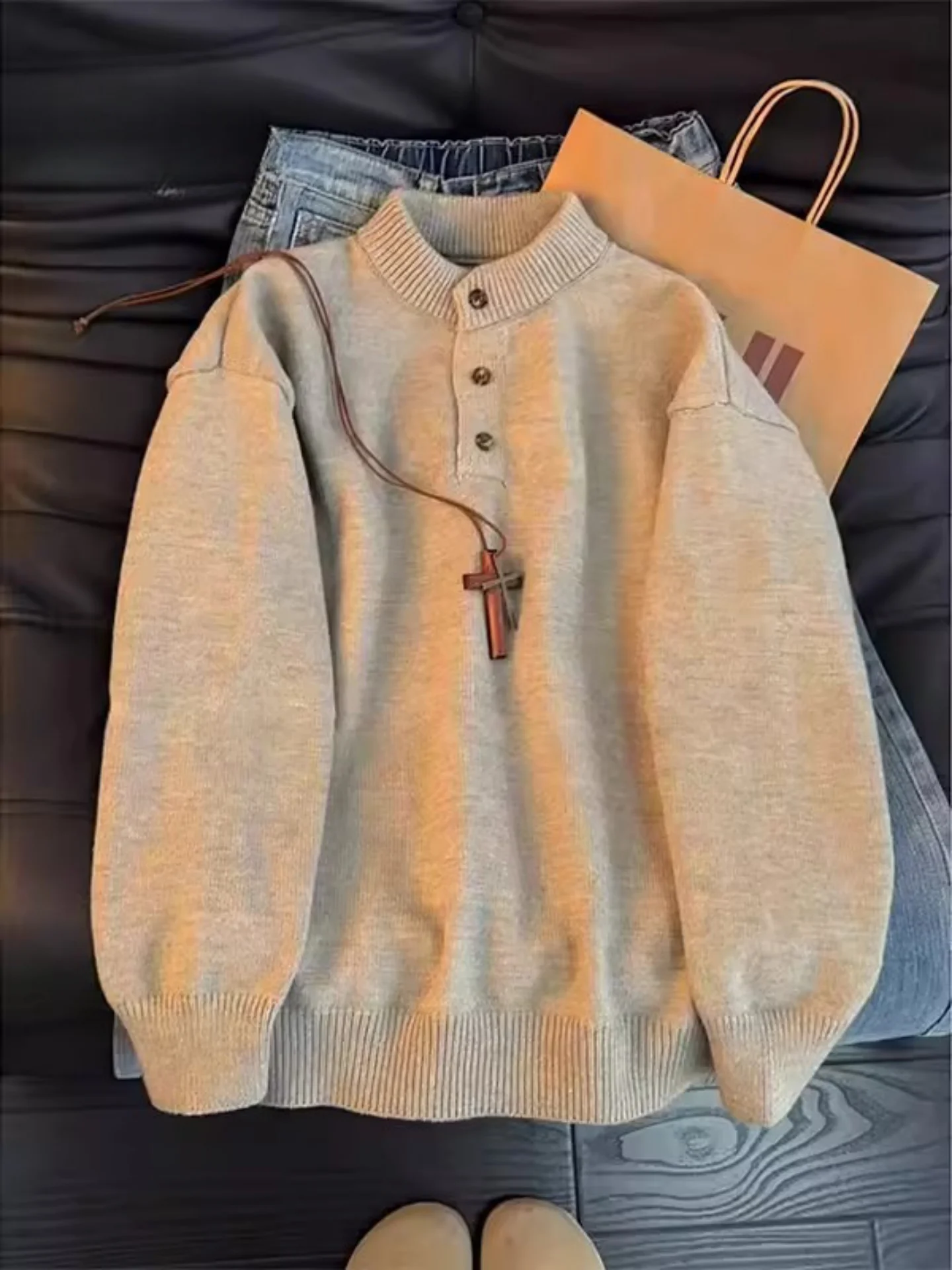 

Loose Fit Men's Knitwear Henry Collar Sweater Casual Sle Inner Wear Lazy Faion Autumn Winter American Retro Simple Versatile