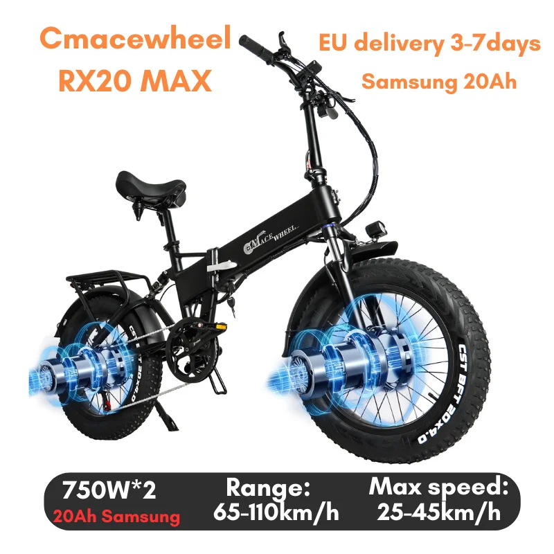 20 AWD Ebike Fat Tire 1500W 2WD Dual Motor Folding Electric Bike Full Suspension Adult Bicycle CMACEWHEEL RX20 Max Samsung  20Ah