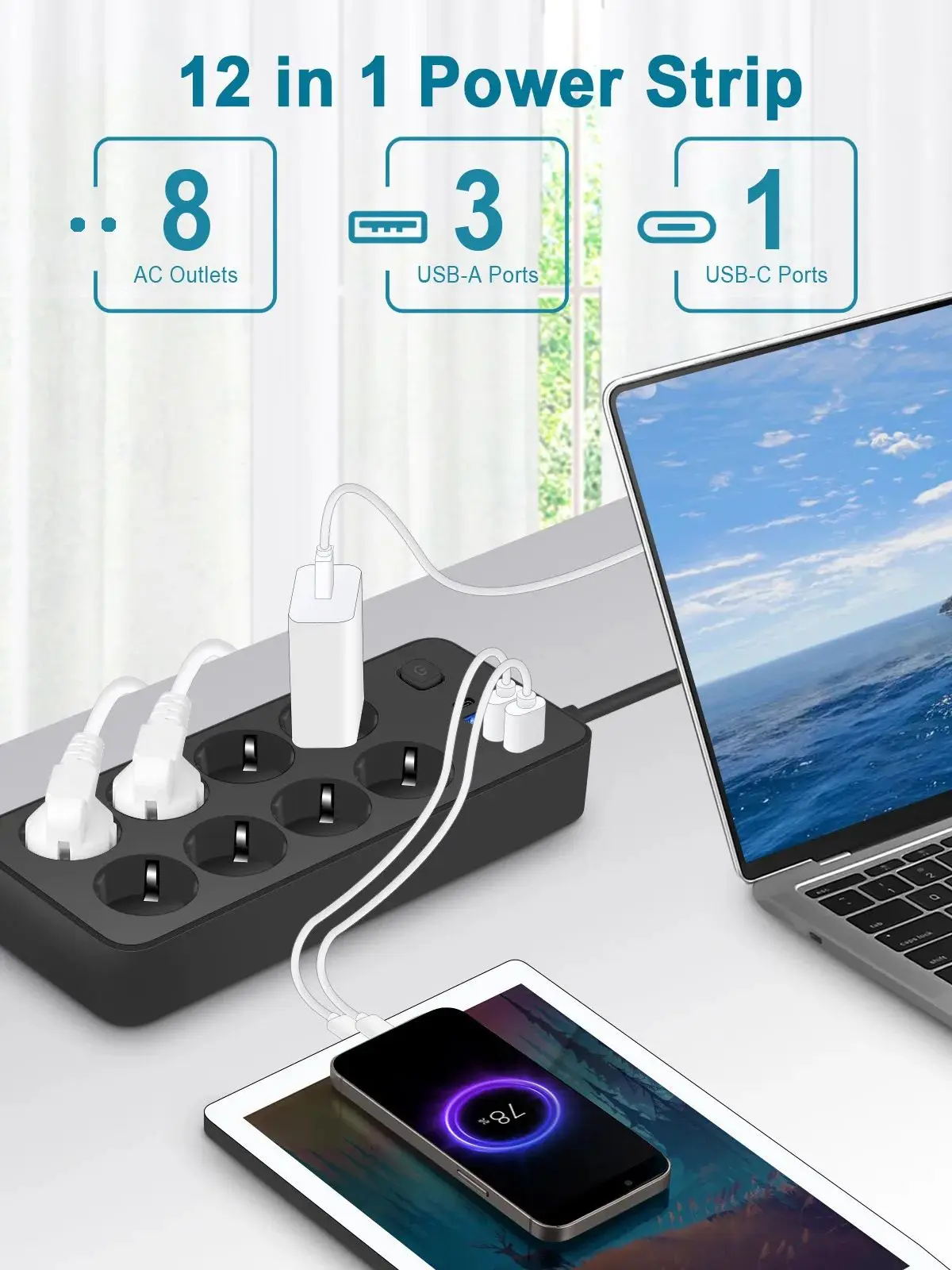 Presa CA da 2000 W Presa multipla Presa multipla Cavo di prolunga da 1,2 m Presa elettrica Filtro di rete con porte USB Ricarica rapida