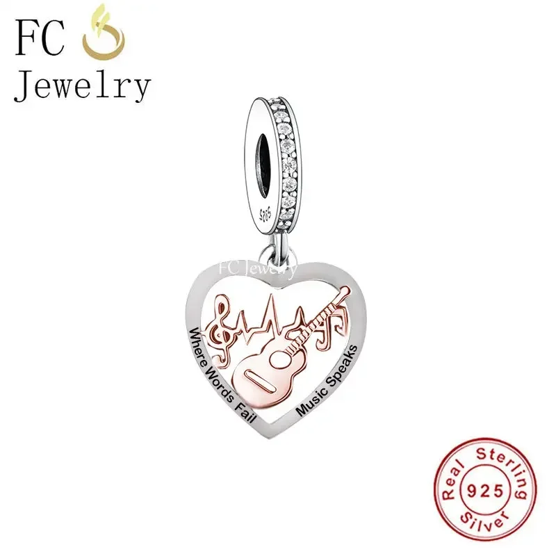 Huoonew Fit Original Pan Charm Bracelet  925 Silver Guitar Music Note Where Words Fail Music Speaks Bead For Making Berloque