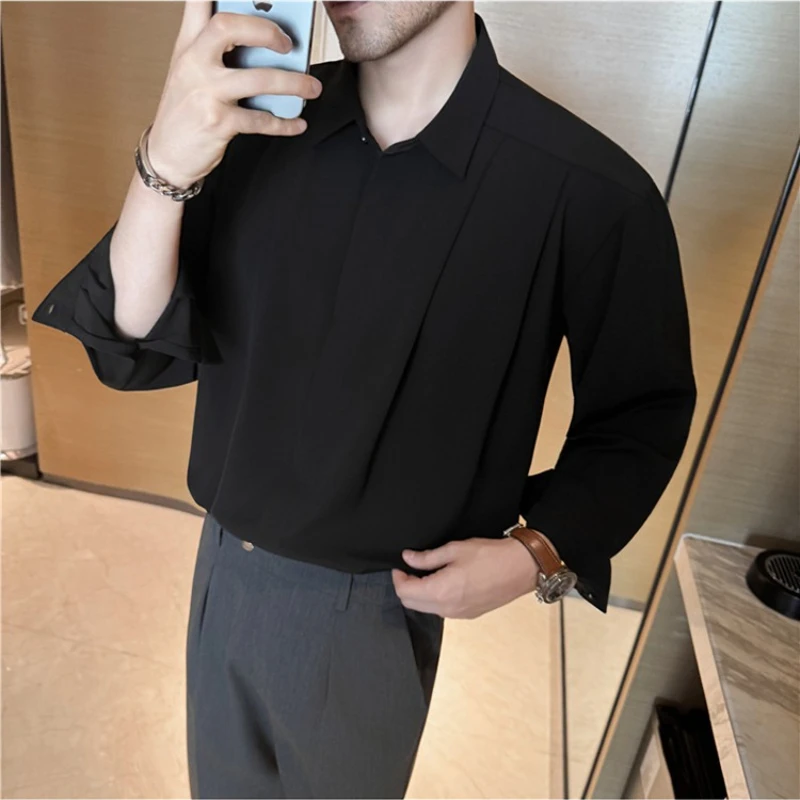 High Quality Loose Pleated Shirt for Men Solid Color Long Sleeved Casual Shirt Versatile Business Social Streetwear Shirts 2025