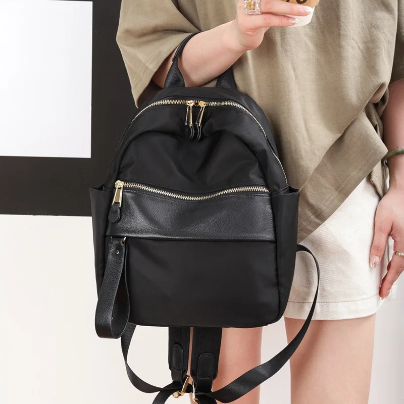 Mosaic Leather Contrast Oxford Cloth Backpack Fashionable Lightweight High-quality Women Bag Commuter High-capacity Women's Bag