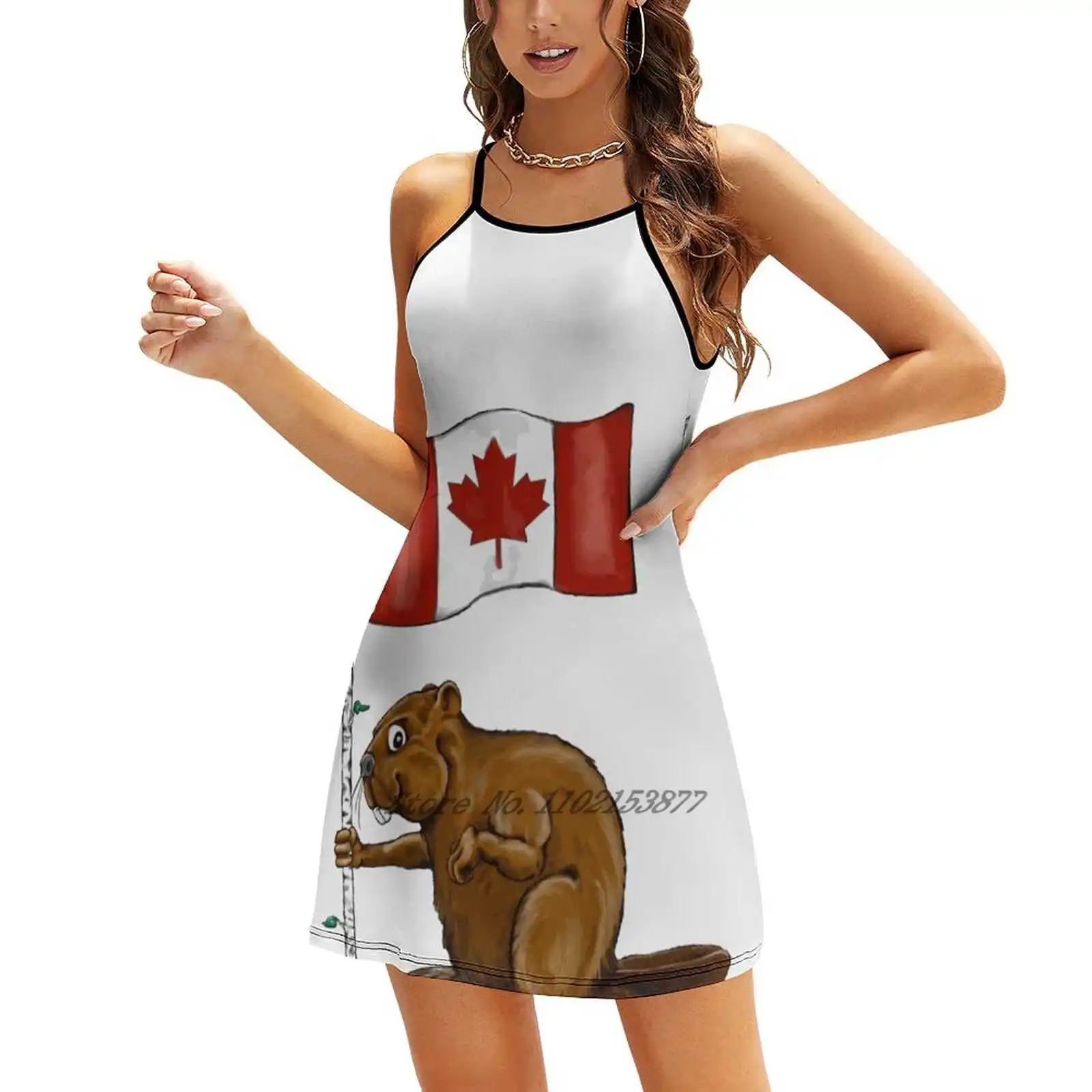 Beaver With Canadian Flag Loose Pocket Dress Print Short Sleeve Dresses Multiple styles Canada Beaver Flag Canadian Flag