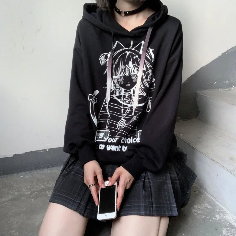 Japanese Preppy Style Kawaii Anime Print White Loose Hooded Sweatshirts Women Harajuku Y2k Sweet Pullovers Sudaderas Chic