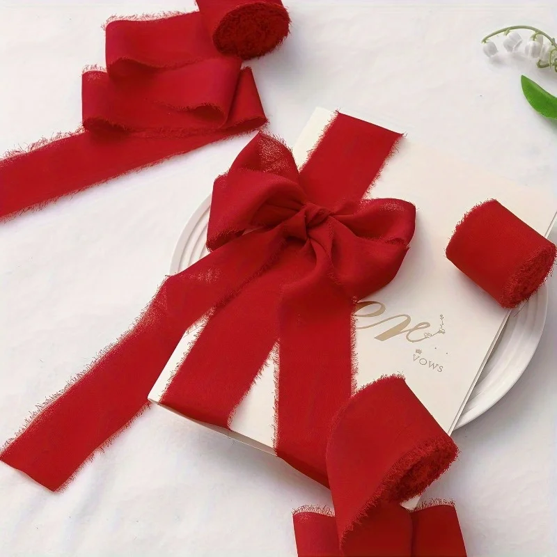 Elegant Frayed Edge Chiffon Ribbon 2 Rolls of Red Silk Chiffon Ribbon for Gift Wrapping Wedding Invitations DIY Crafts