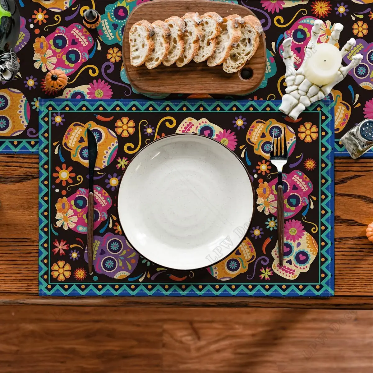 Mexican Marigolds Skull Día de Los Muertos Placemats Set of 4 Day of The Dead Halloween Table Mats for Party Kitchen Dining