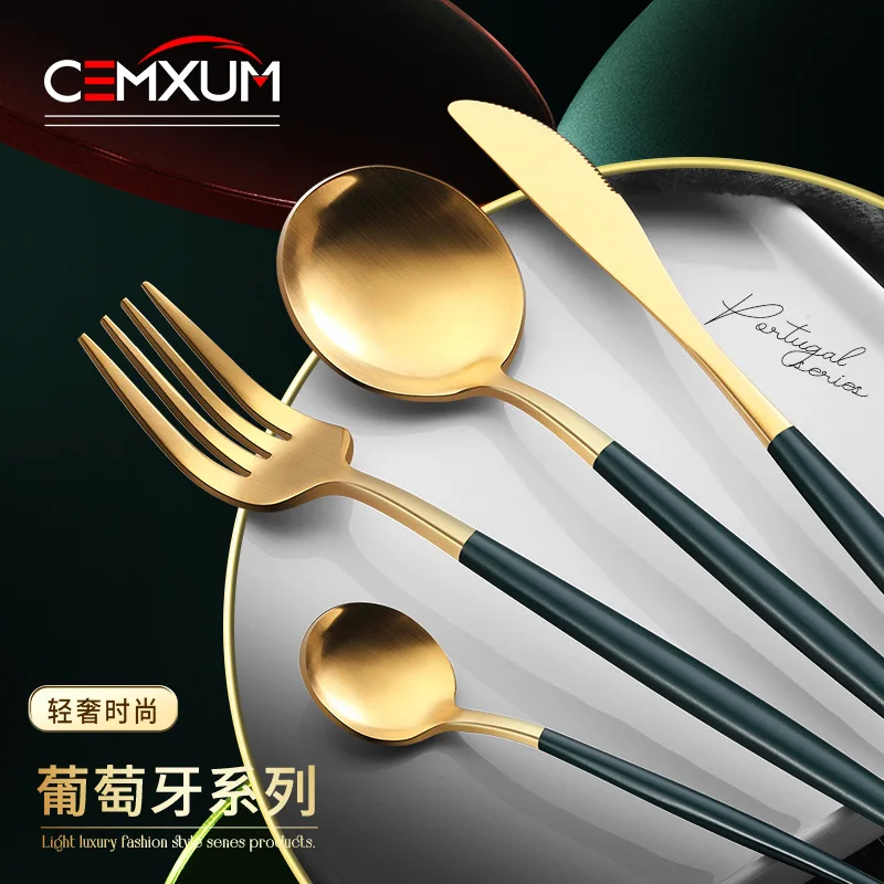 Stainless Steel Fork and Spoon 304 Round Handle Tableware Thickened Western Food Steak Knife and Fork Spoon Chopsticks Tableware