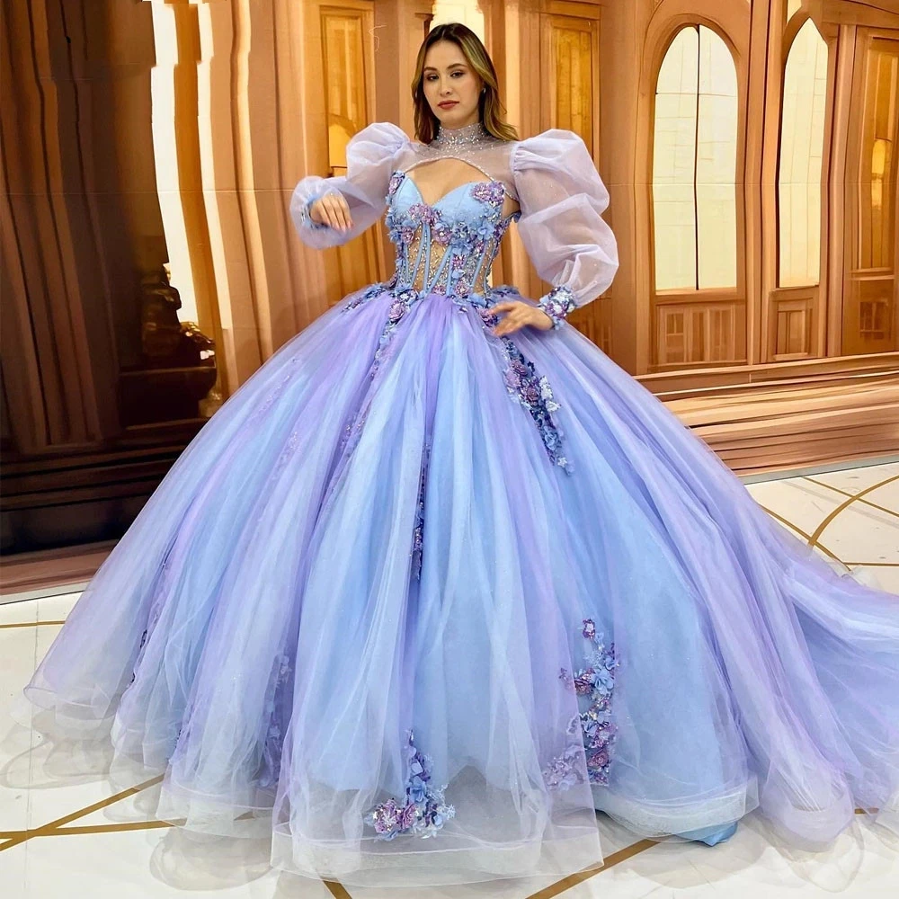 ANGELSBRIDEP Роскошное светло-голубое и сиреневое платье Quinceanera с жакетом и бисером, вечерние платья с цветочным узором, Vestidos De 15, Anos по индивидуальному заказу