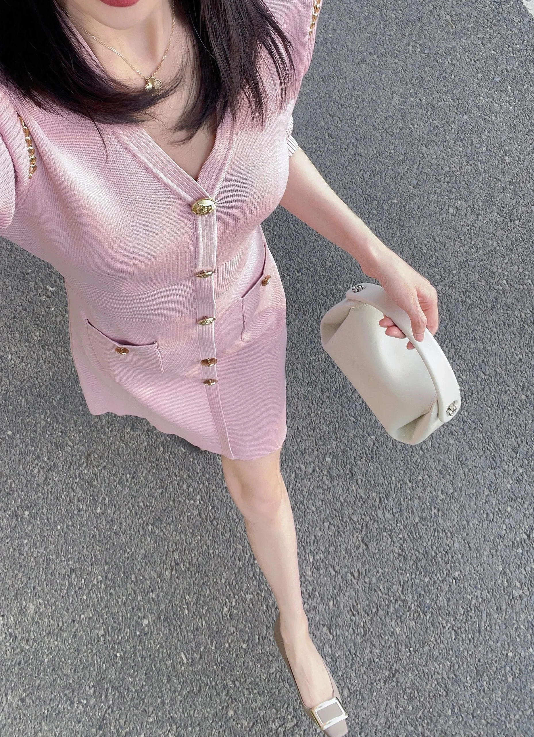 Lana Lang Rosa klassisches SLE-Ketten-Strickkleid, weiblich, elegant, Prominente, jüngeres, kurzärmliges, wertvolles Kleid für falsche Tochter