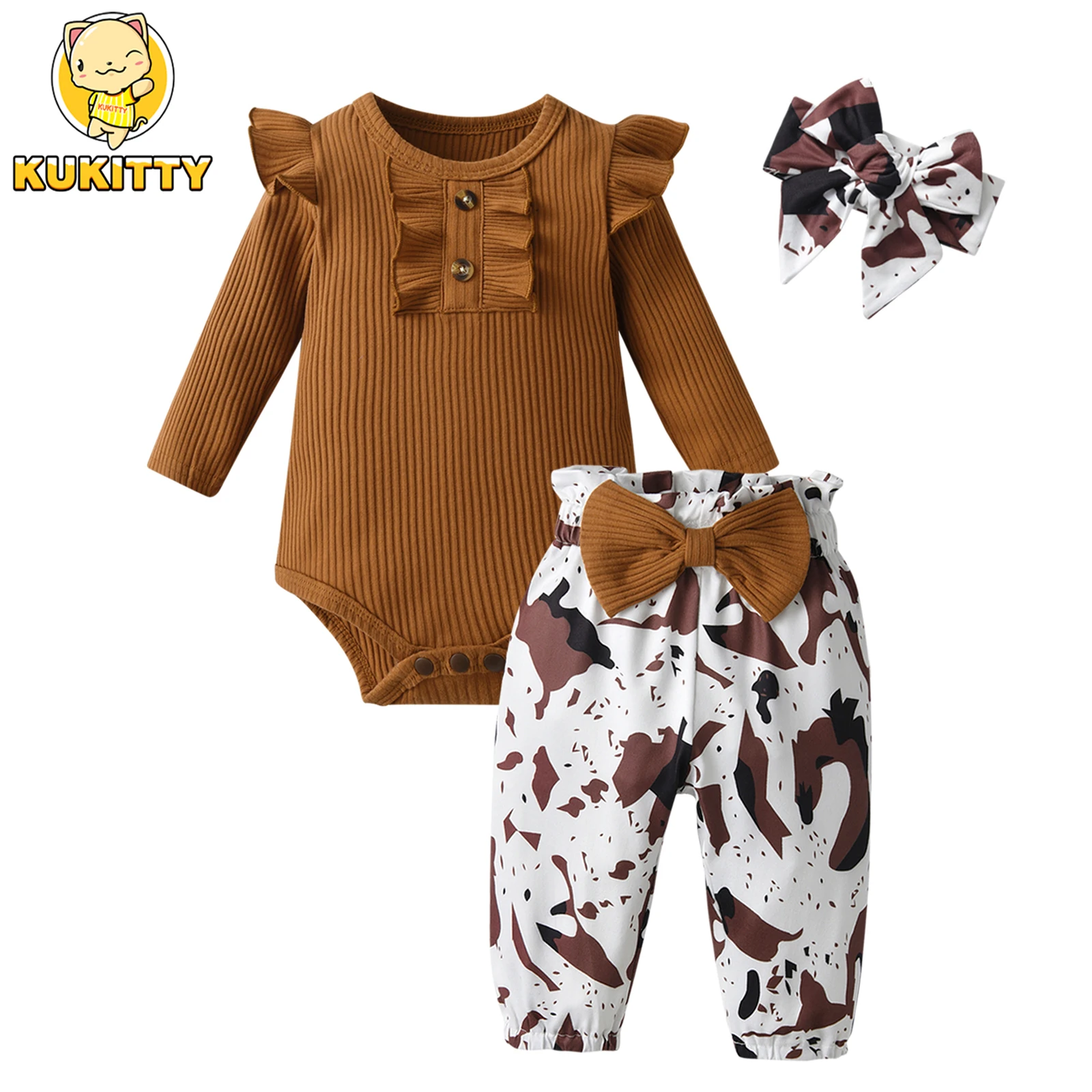 Fashion Newborn Baby Girl 3pcs Clothes Set Round Neck Long Sleeve Romper Top and Printed Pants with Headband Infant Suit