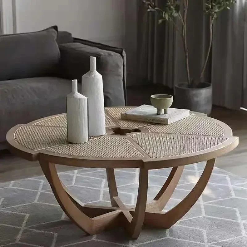 Solid wood rattan coffee table, table small apartment log, Nordic design modern, creative living room home, round low table