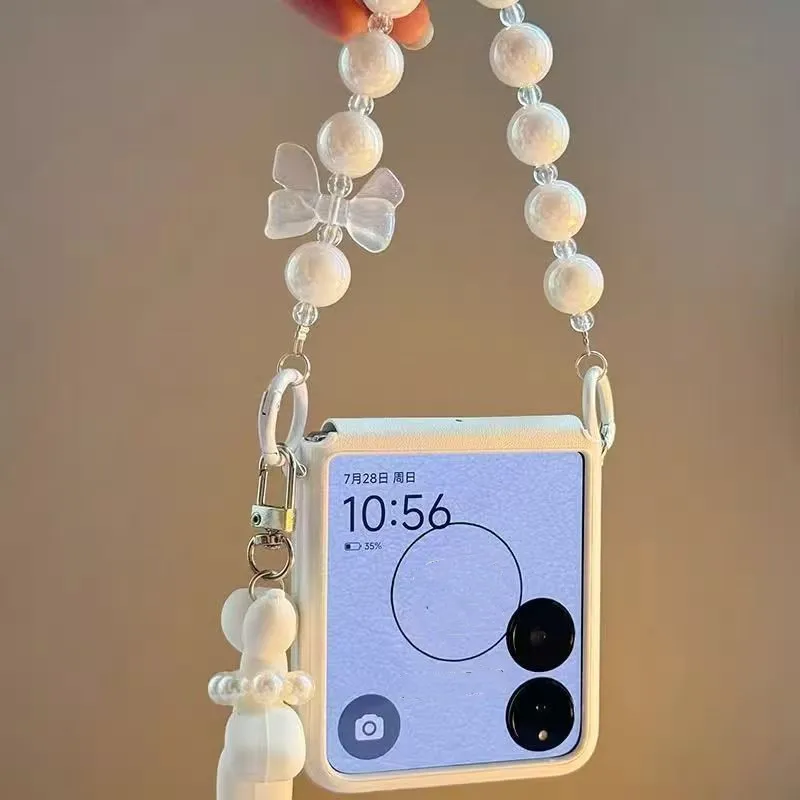 

Luxury Korean Style White Bow Pendant Pearl Bracelet Dog Pendant Phone Case for For Xiaomi MIX Flip 2 MIXFlip Back Cover