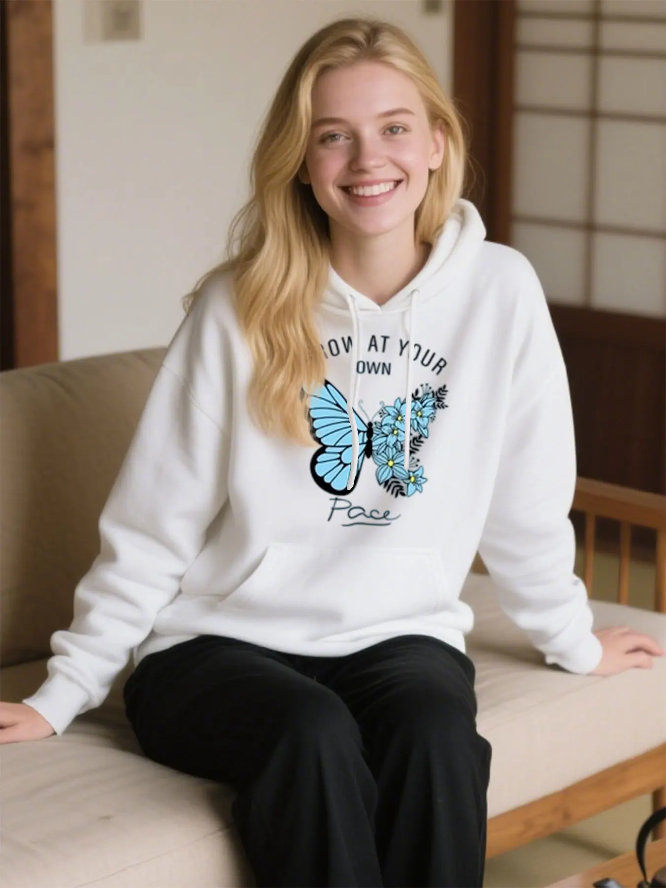 

Comfy Cotton Hoodie With "Grow At Your Own Pace" Floral Butterfly Print, Perfect For Thanksgiving Gifts