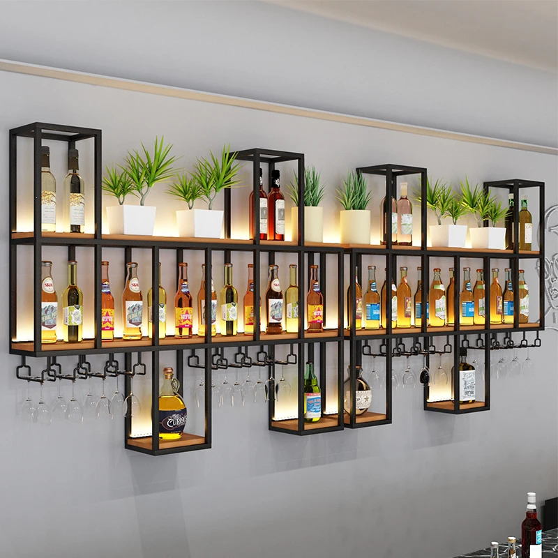 Wall-mounted wine rack Wrought iron bar Bar counter Wine cabinet Shelf Wall creative restaurant Wall-mounted luminous wine rack