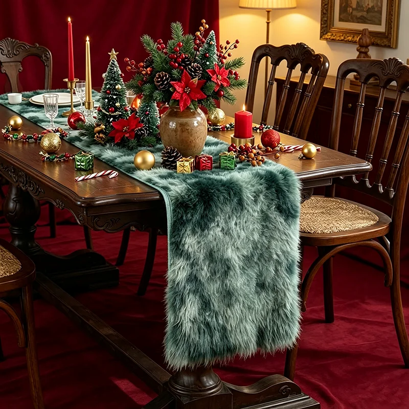 VIKAMA Plush Table Runner Dark Green Faux Fur Fleece for Dining Table Christmas Non Slip Backing Machine Washable Gift