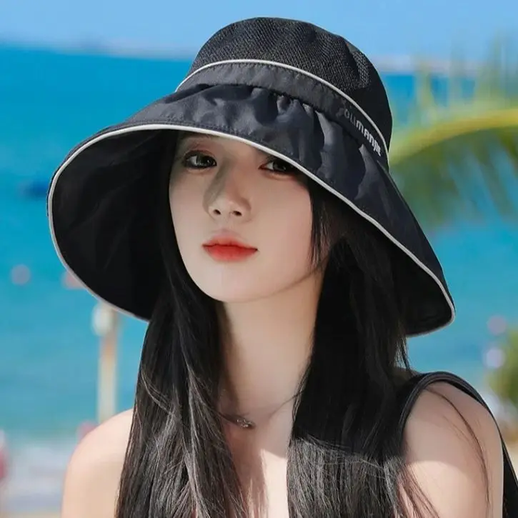 Sun Hat Women Summer Outdoor Large Brim UV Breathable Sun Hat Foldable Korean Black Rubber Fisherman Hat Beach Vacation