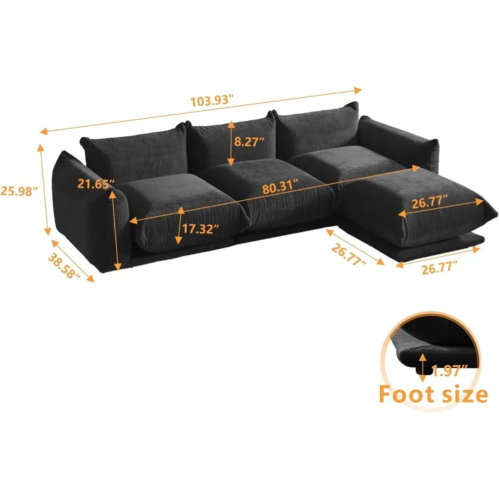 L-Shaped Sectional Couch, Minimalist Chenille Modular Sofas Couches, Mid-Century Sofa Sectionals with Reversible Chaise Ottoman