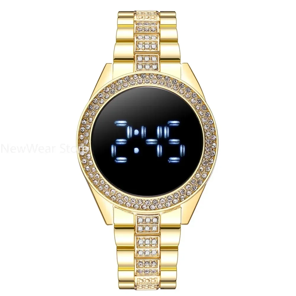 Luxury Rose Gold LED Digital Watches for Women Stainless Steel Diamond-set Dial Magnet Dress LED Quartz Watch Relogio Feminino