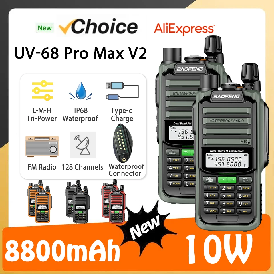 

Baofeng UV 68 PRO MAX V2 10Watts Walkie Talkie Larger Capacity IP68 Waterproof Long Range Distance Dual Band Type C Upgrade UV9R
