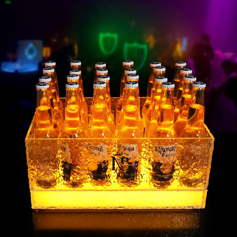 Bar KTV acrylic luminous ice pattern ice bucket LED champagne barrel wine barrel basket 24-pack mobile battery box model