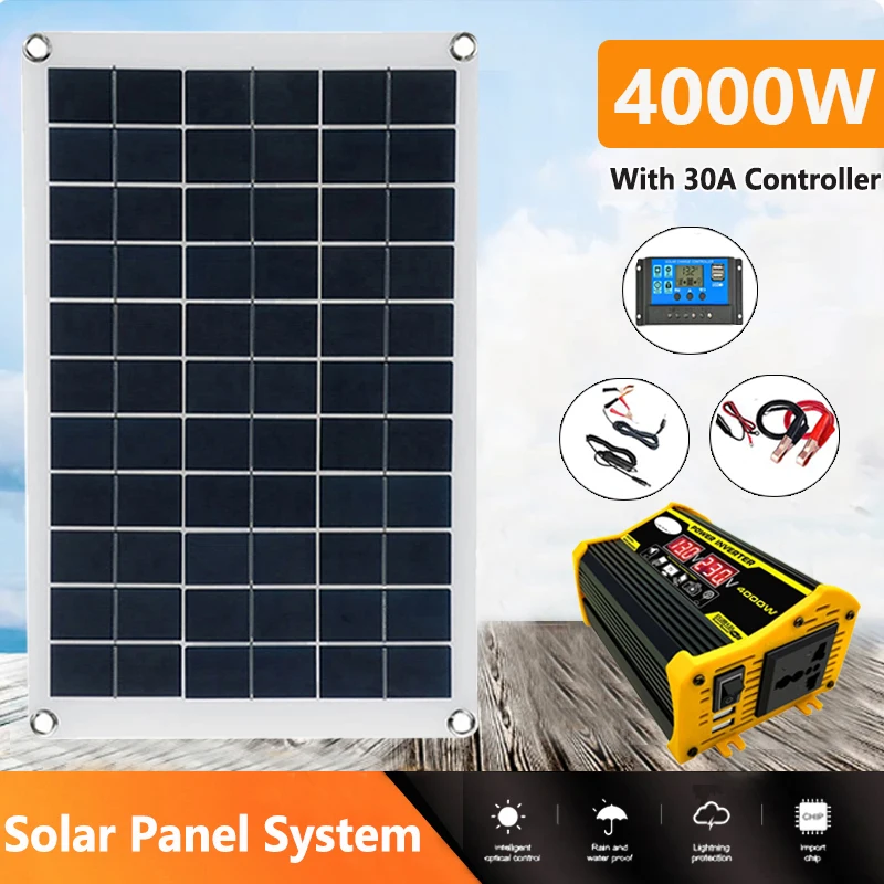 110V/220V Solar Panel System 20W Solar Panel+30A Charge Controller+4000W Modified Sine Wave Car Inverter Power Generation Kit