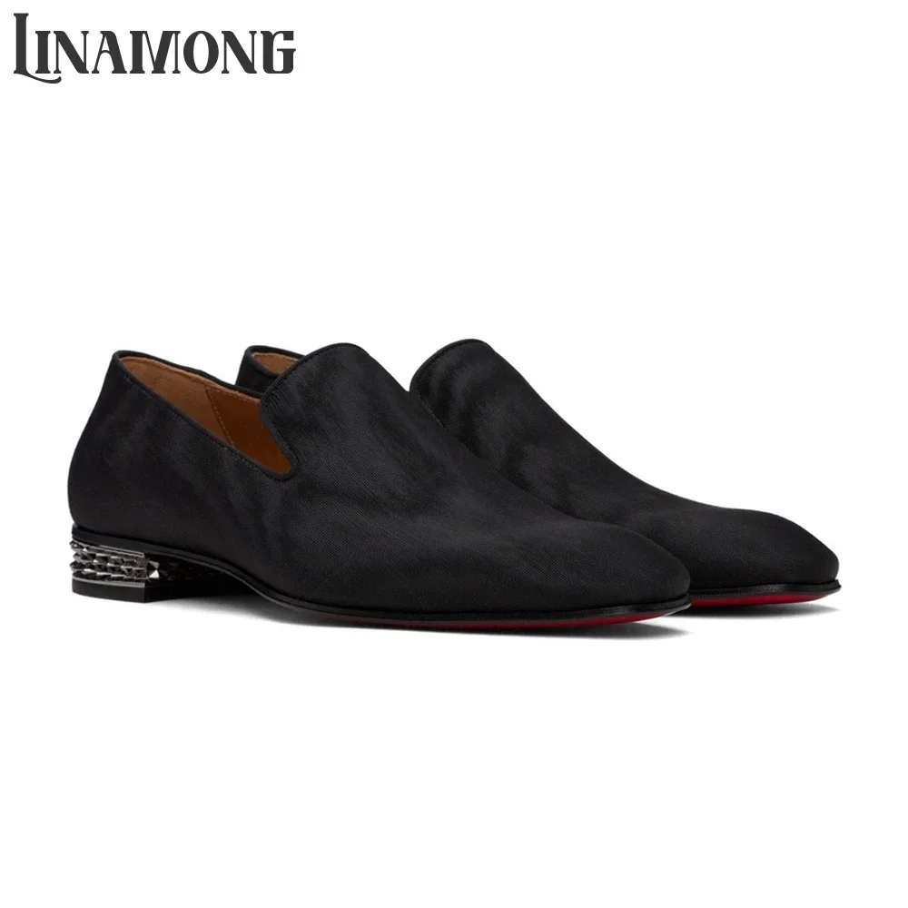 

Rivet Block Heel Loafers Almond Toe Spikes Stacked Heel Dress Shoes Black Velvet Fabric Slip on Leather Shoes Banquete Men Shoes