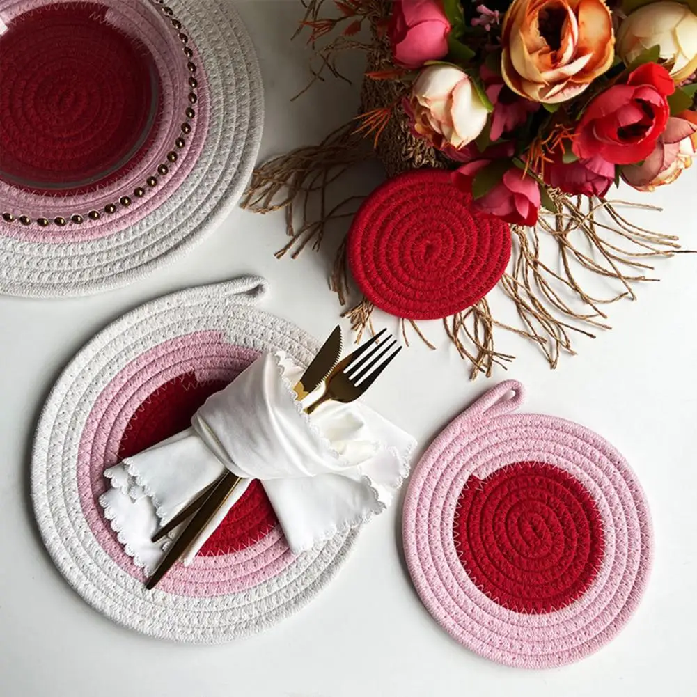 Dining Table Heat Mat Hot Pot Mat Cotton Rope Coaster Set Color Block Heat Insulation Mat Thickened Potholder for Hot Dishes