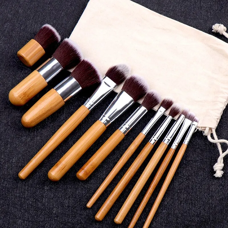 Conjunto de pincéis de maquiagem com cabo de bambu natural, 11 peças, base de alta qualidade, mistura de cosméticos, conjunto de ferramentas de maquiagem com bolsa de algodão