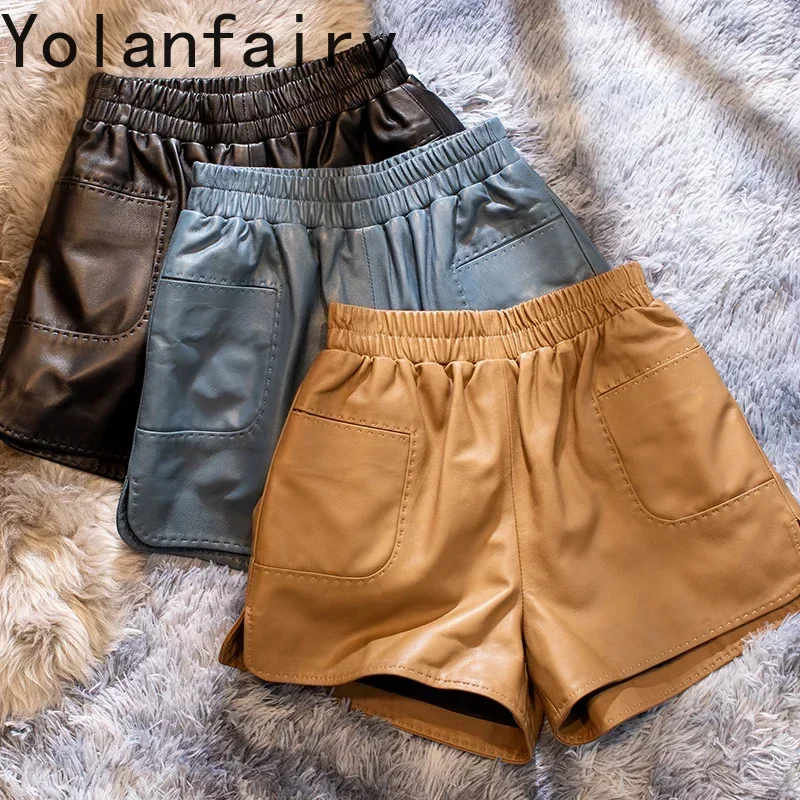 

Genuine Leather Shorts for Women 2024 Real Sheepskin Short High Waist Black Shorts Korean Fashion Wide Leg Pants Ropa Mujer