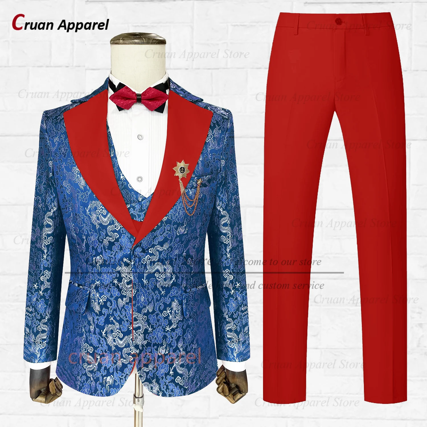 

Fashion Royal Blue Jacquard Suit Set For Men Formal Gala Tailor-made Slim Fit Costumes 3 Pcs Wedding Party Grooms Luxury Outfits