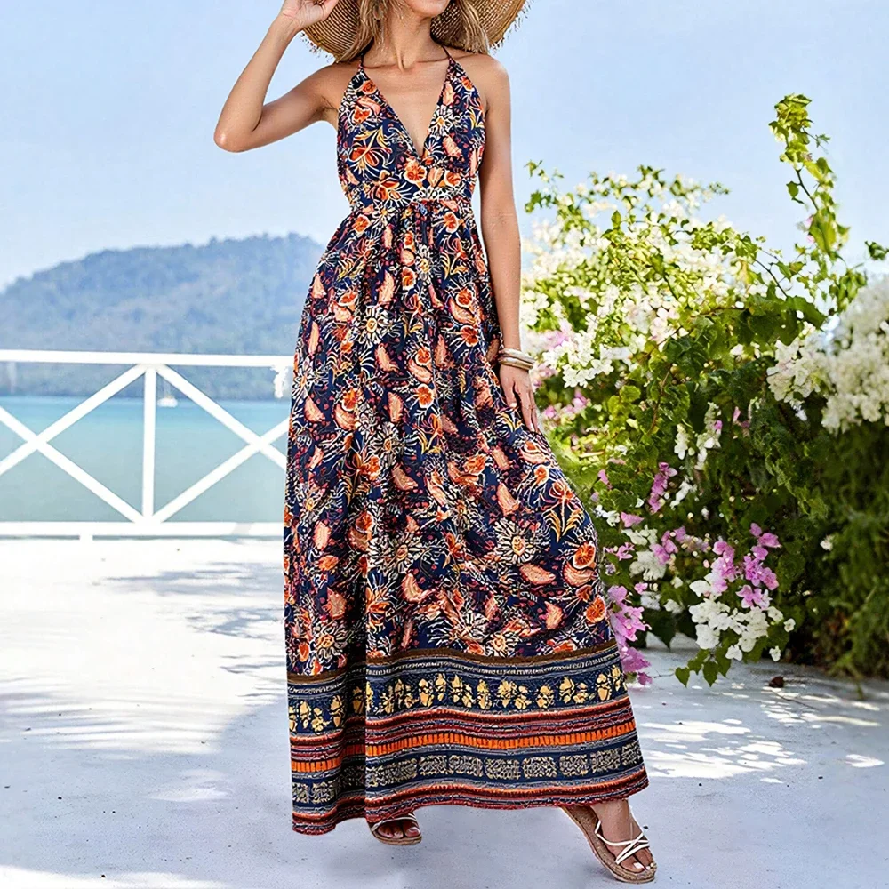 فساتين الصيف عطلة نمط الأزهار طباعة أكمام يغرق الرقبة منتظم صالح فساتين ماكسي كامي للنساء
