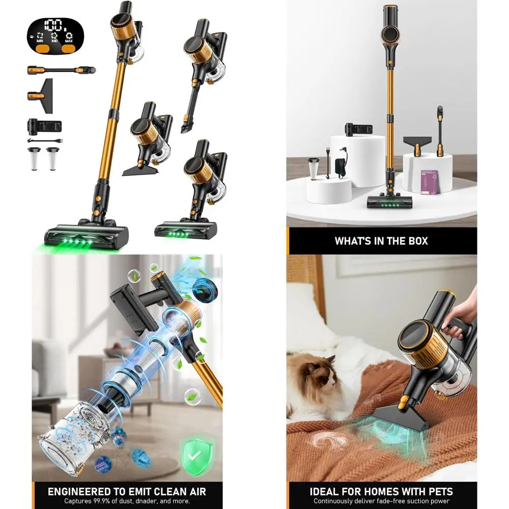 

8-in-1 LED Display Cordless Vacuum, 3 Modes, 45-min Run Time, Lightweight for Home, Pet Hair, Carpets (Orange)