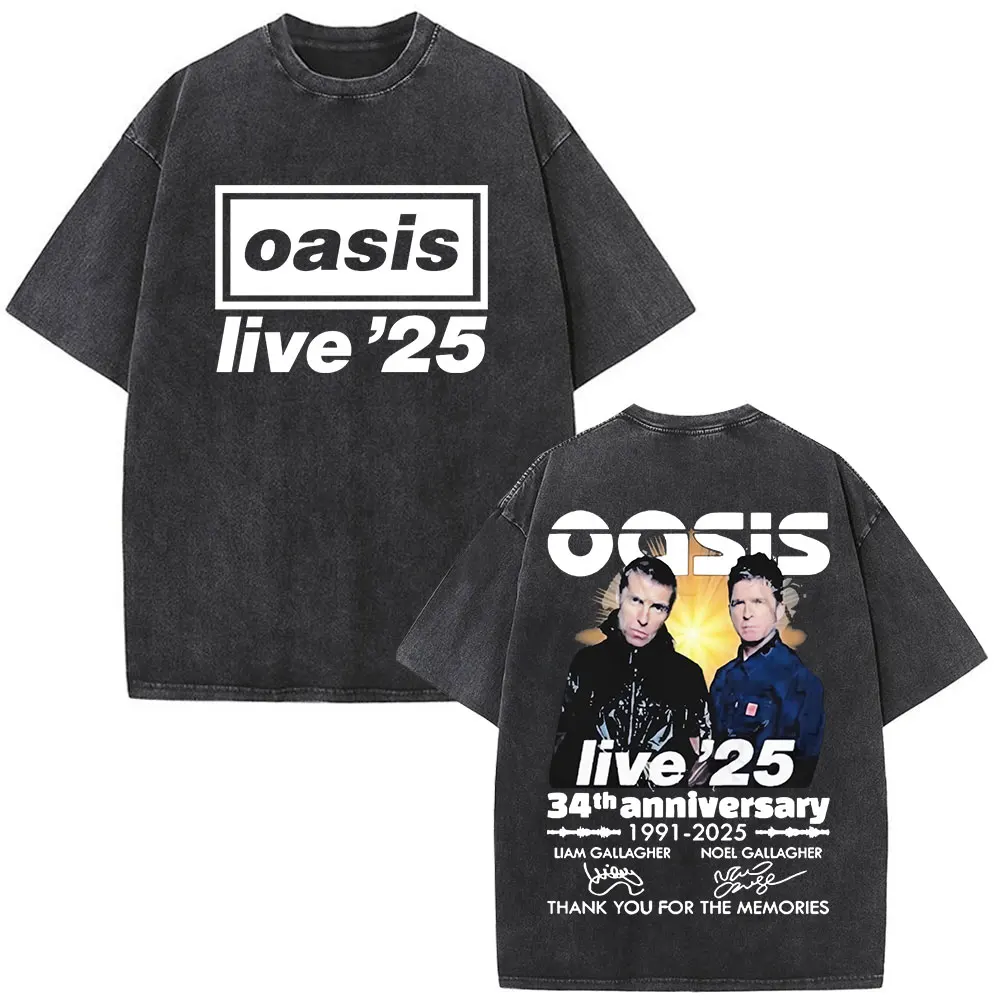 O-Oasis T-Shirts British Rock Band Vintage Washed T-shirt Men Women Clothing Cotton Casual Short Sleeve T Shirts Tops Streetwear image 4
