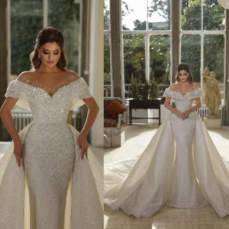 Exquisite Mermaid Wedding Dresses Sleeveless Sweep Train Lace Full Sequins Detachable Train Bridal Gowns Plus Size Customized
